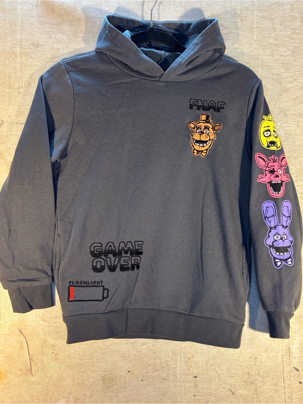 Kids FNAF Dark Gray Graphic Hoodie with Character Sleeve Art